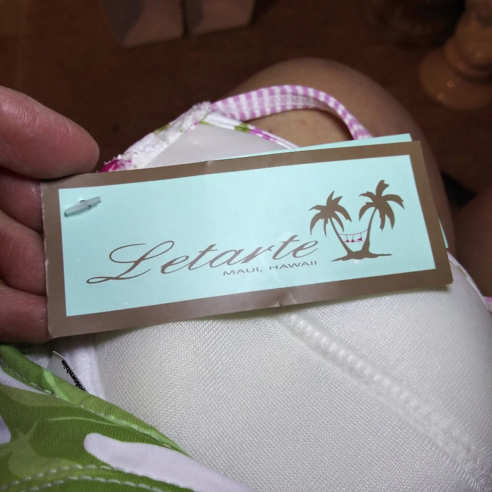 Letarte Maui Hawaii Hot Pink & Green Rose/Palm Print Bikini Top - Picture 5 of 9